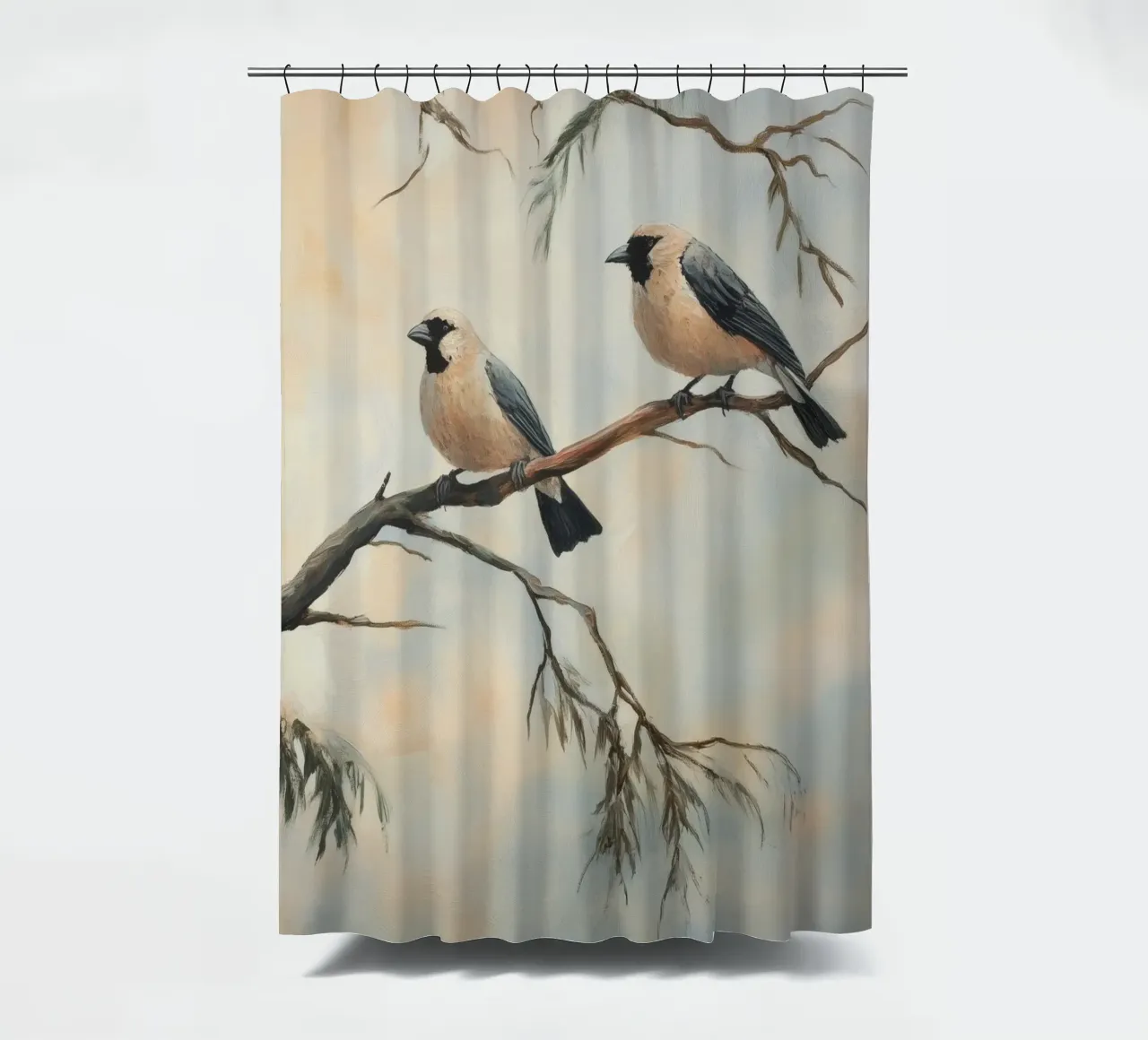 Illustrazione di uccelli su rami d'albero tenda da doccia da Melloi Art Print