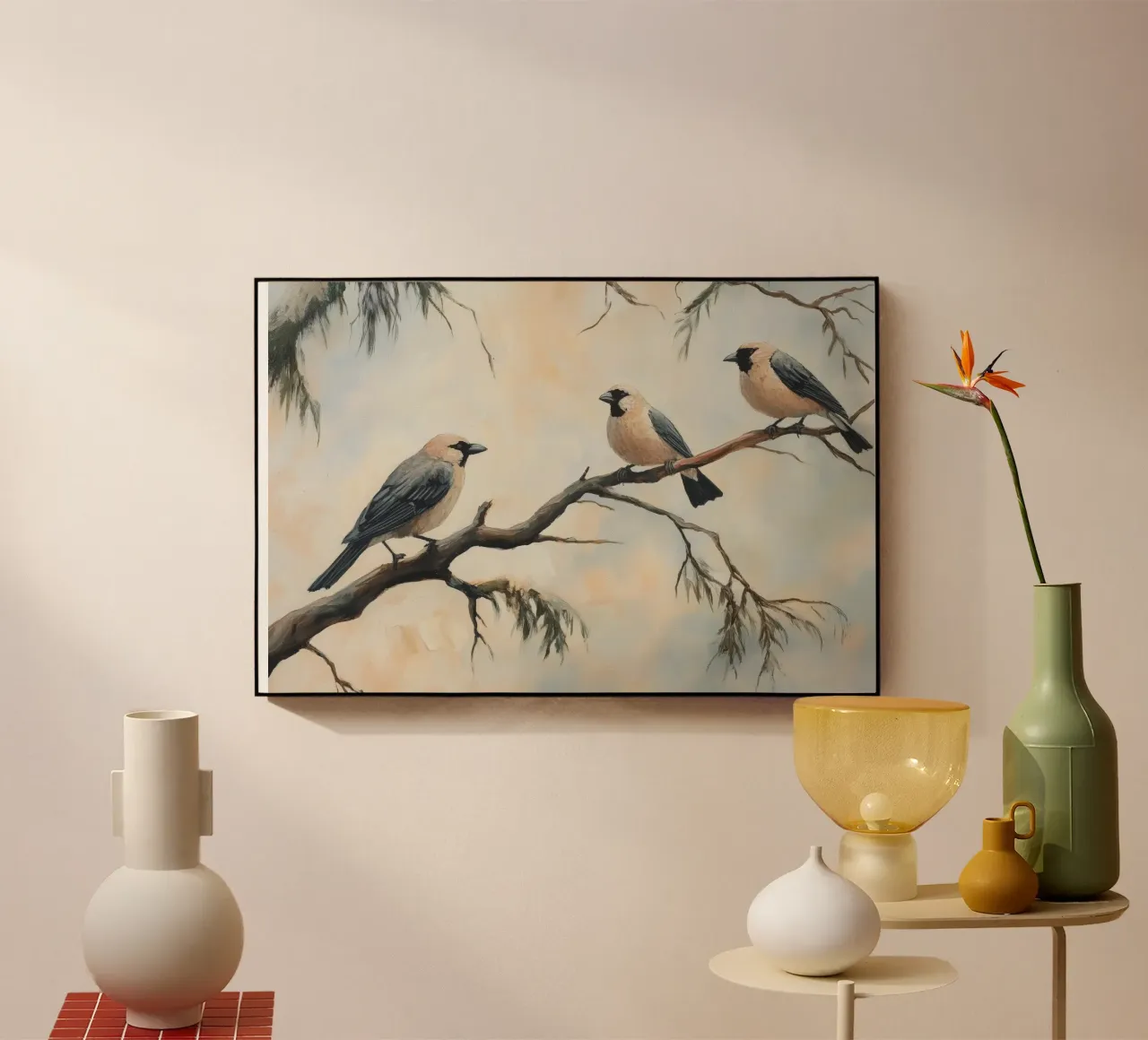 Illustrazione di uccelli su rami d'albero plexiglass da Melloi Art Print