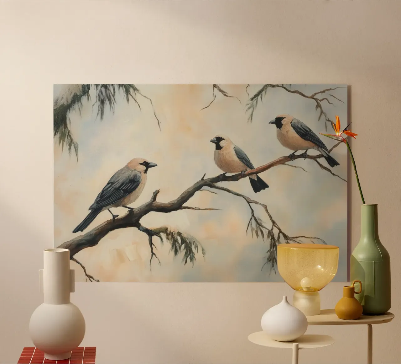 Illustrazione di uccelli su rami d'albero plexiglass da Melloi Art Print