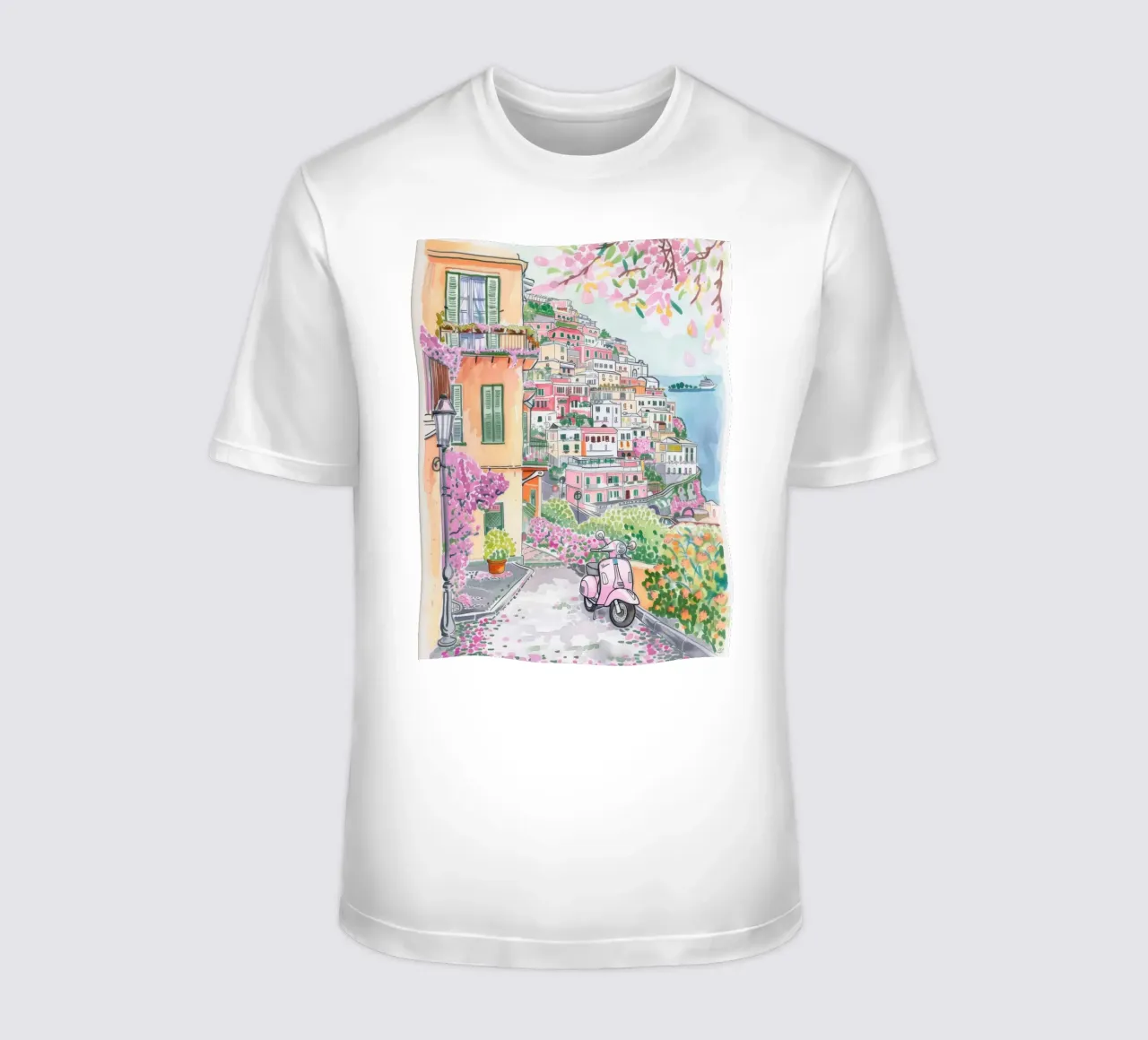 Positano Atrani Illustrazione con Vespa t-shirt da Bella Studio