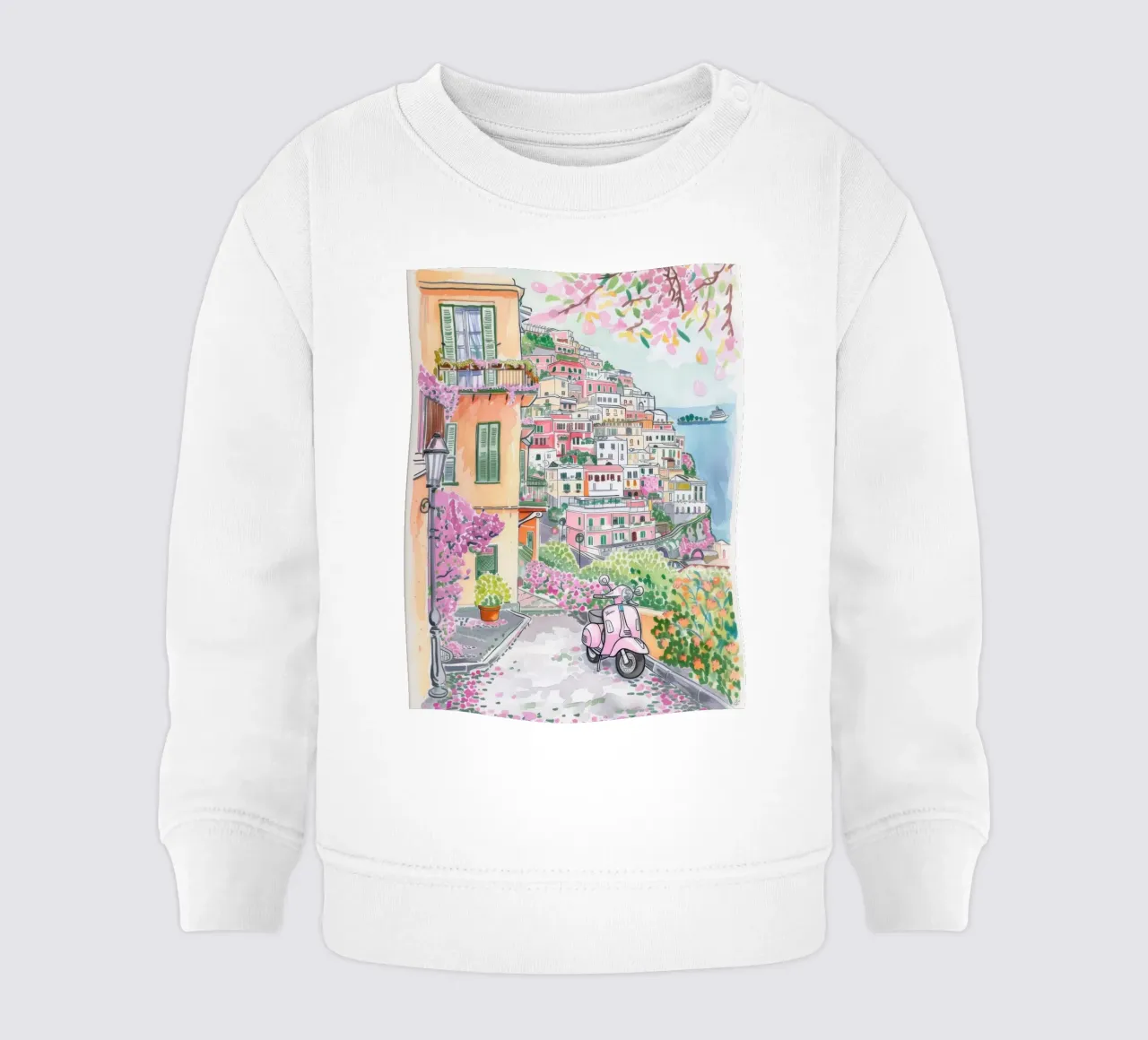 Positano Atrani Illustrazione con Vespa felpa neonato da Bella Studio