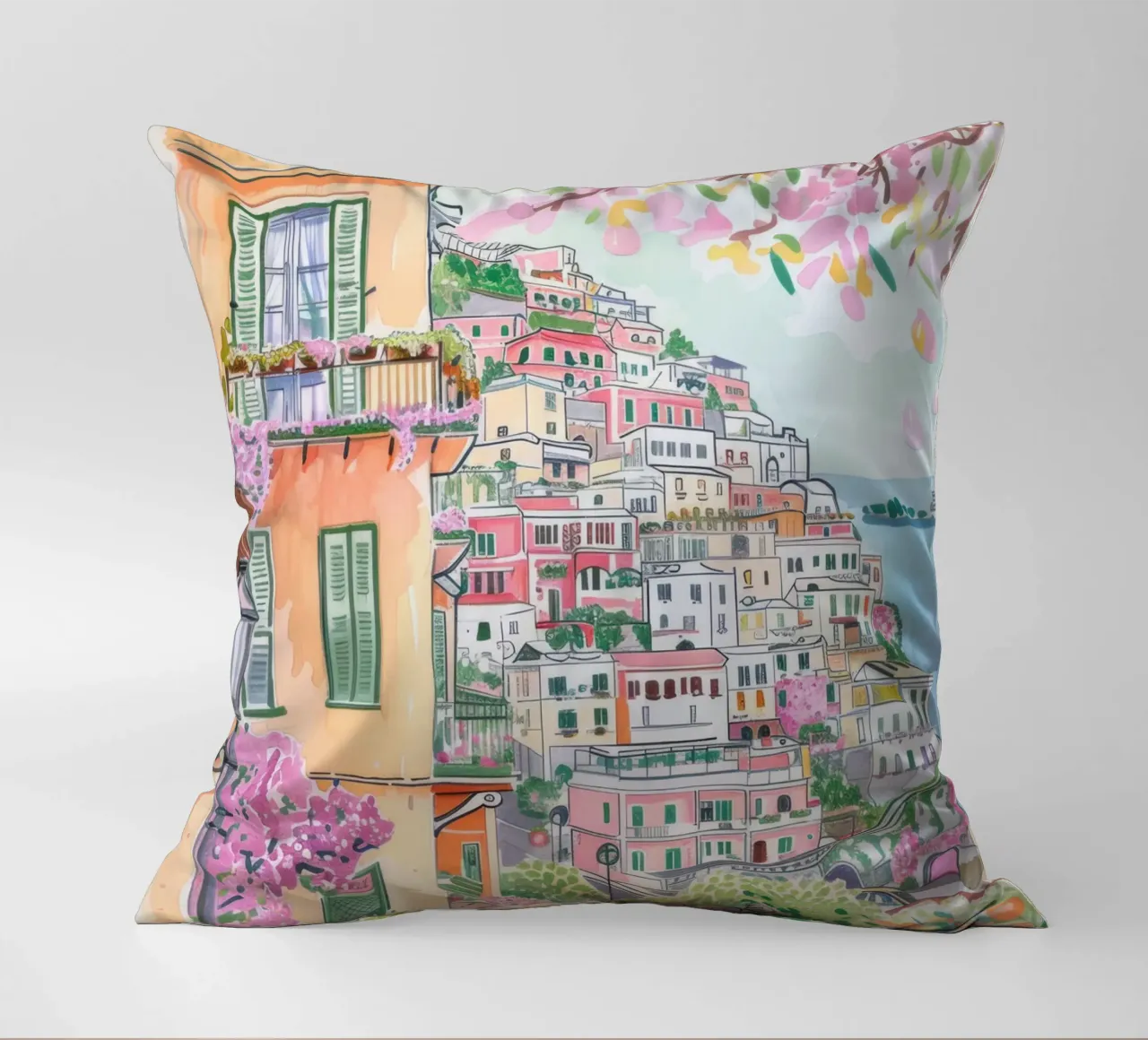 Positano Atrani Illustrazione con Vespa cuscino da Bella Studio