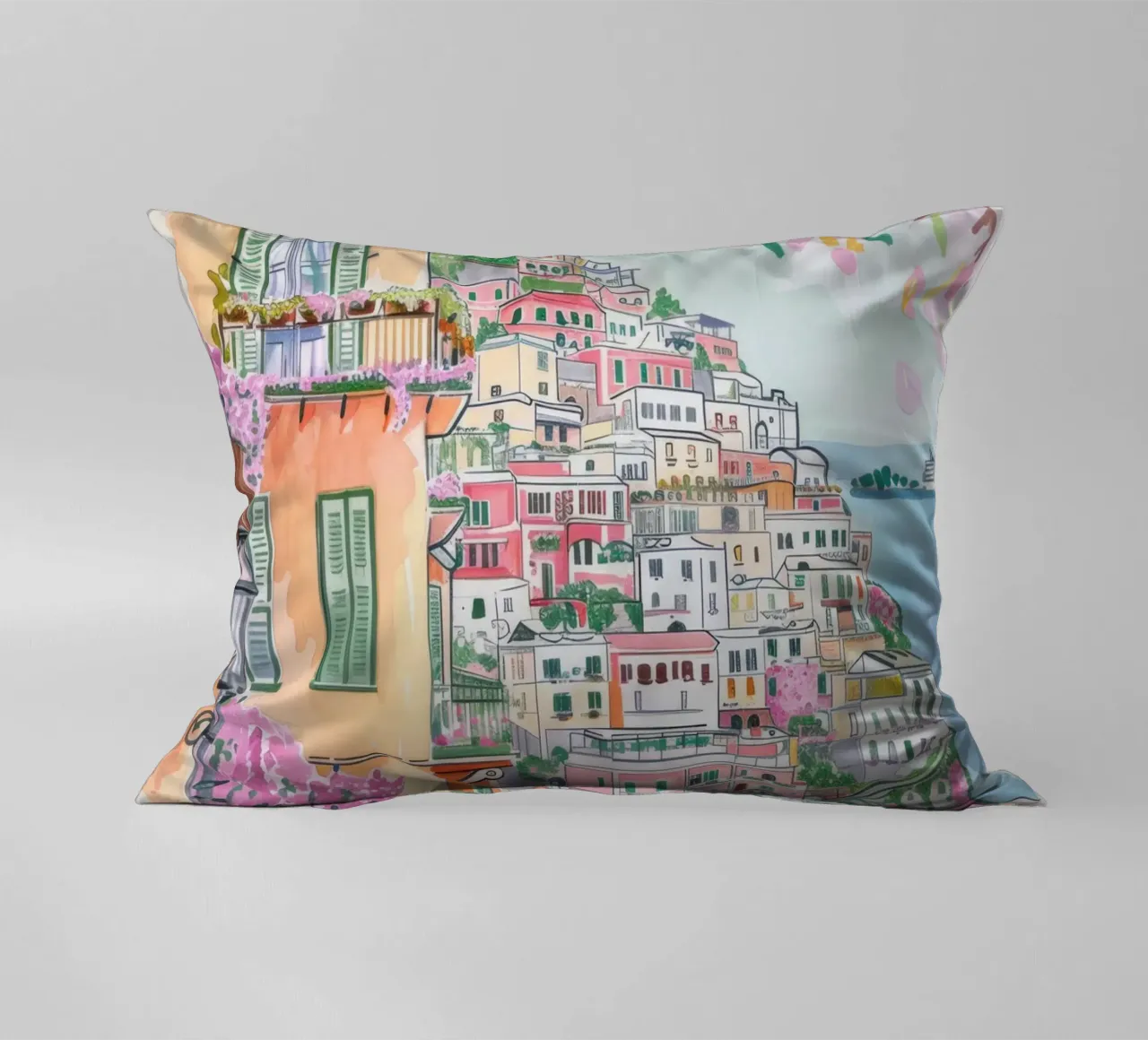 Positano Atrani Illustrazione con Vespa cuscino da Bella Studio