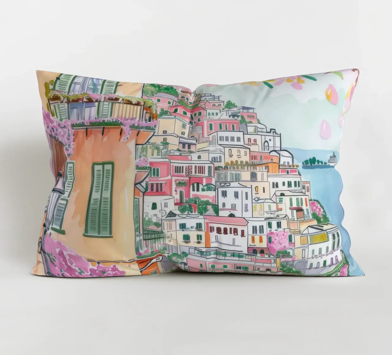 Positano Atrani Illustrazione con Vespa cuscino da Bella Studio