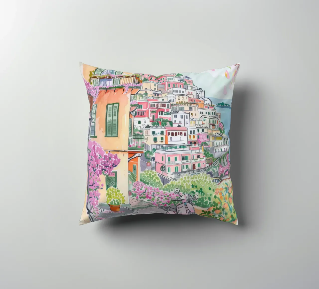 Positano Atrani Illustrazione con Vespa cuscino da Bella Studio