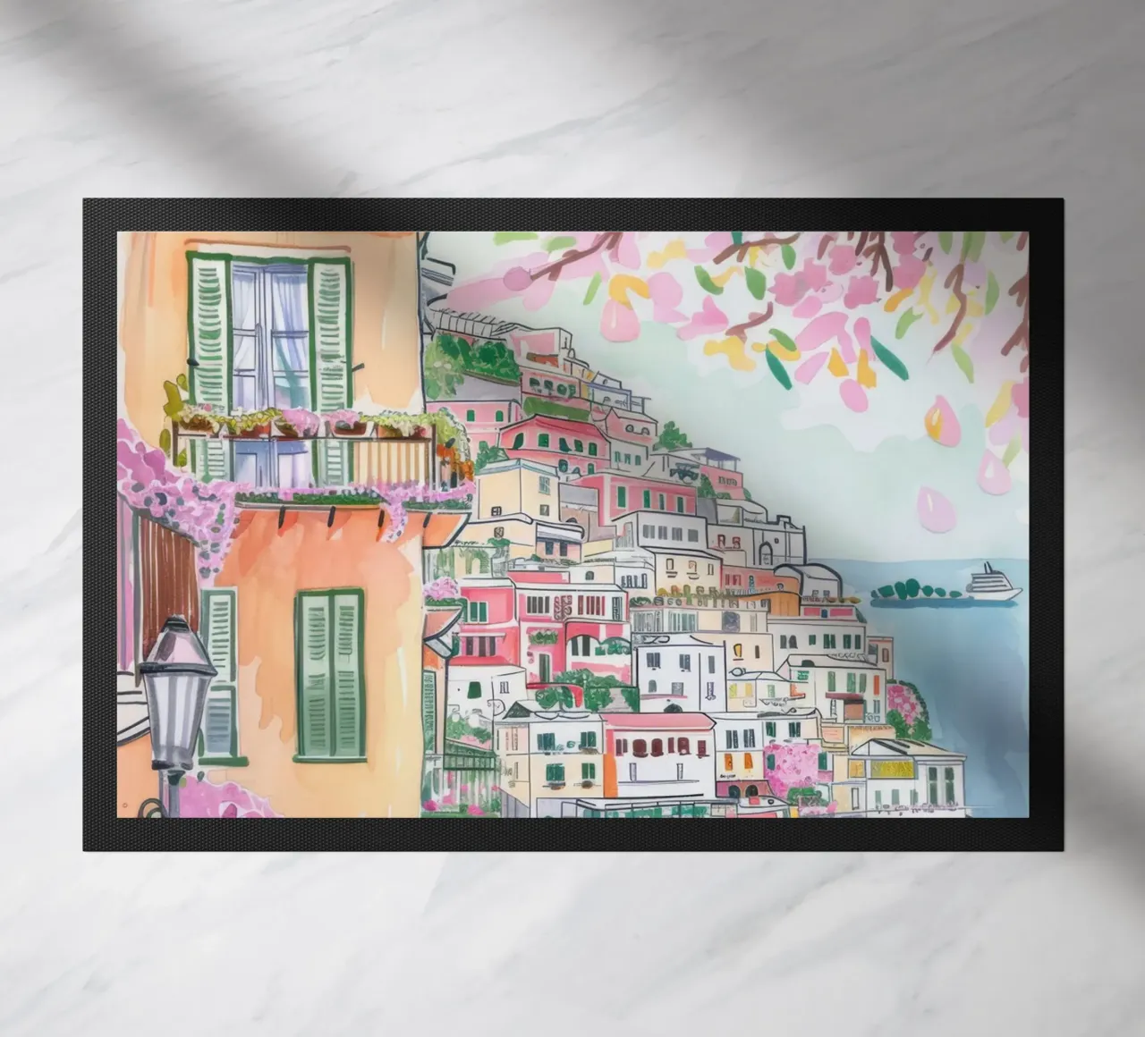 Positano Atrani Illustrazione con Vespa zerbino da Bella Studio