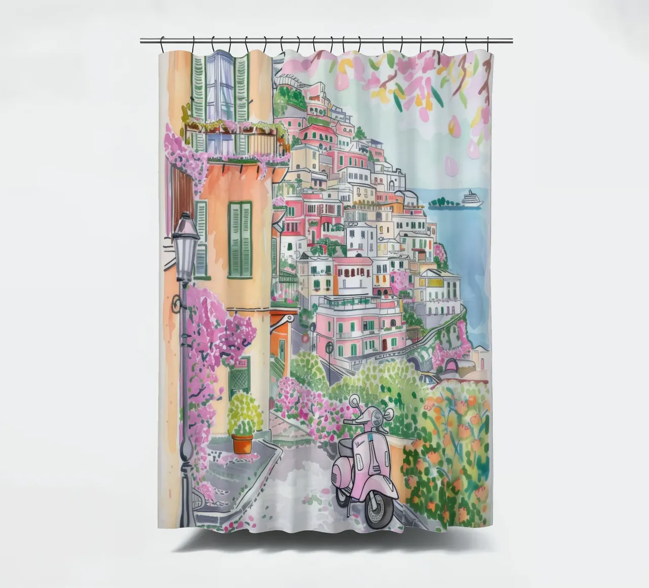 Positano Atrani Illustrazione con Vespa tenda da doccia da Bella Studio
