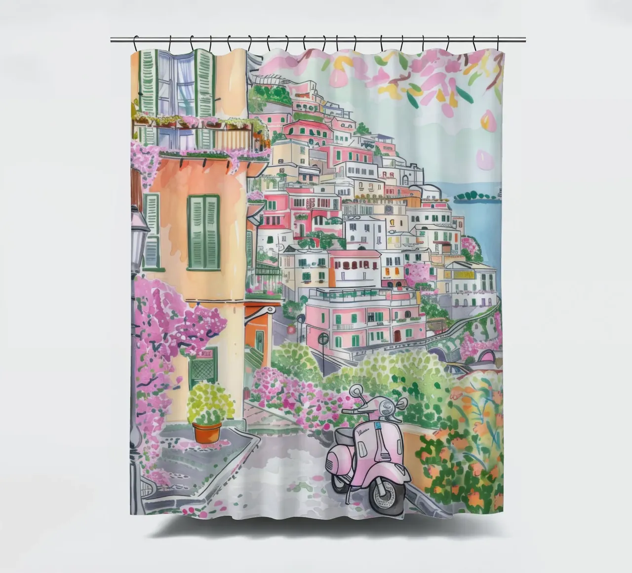 Positano Atrani Illustrazione con Vespa tenda da doccia da Bella Studio