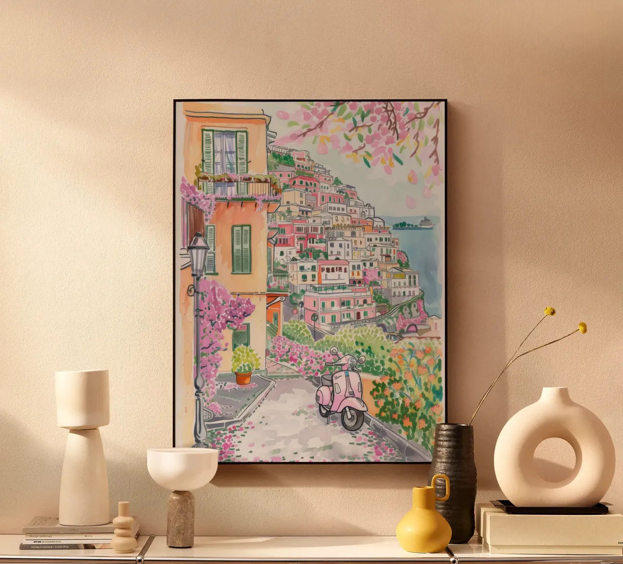 Positano Atrani Illustrazione con Vespa alluminio dibond da Bella Studio