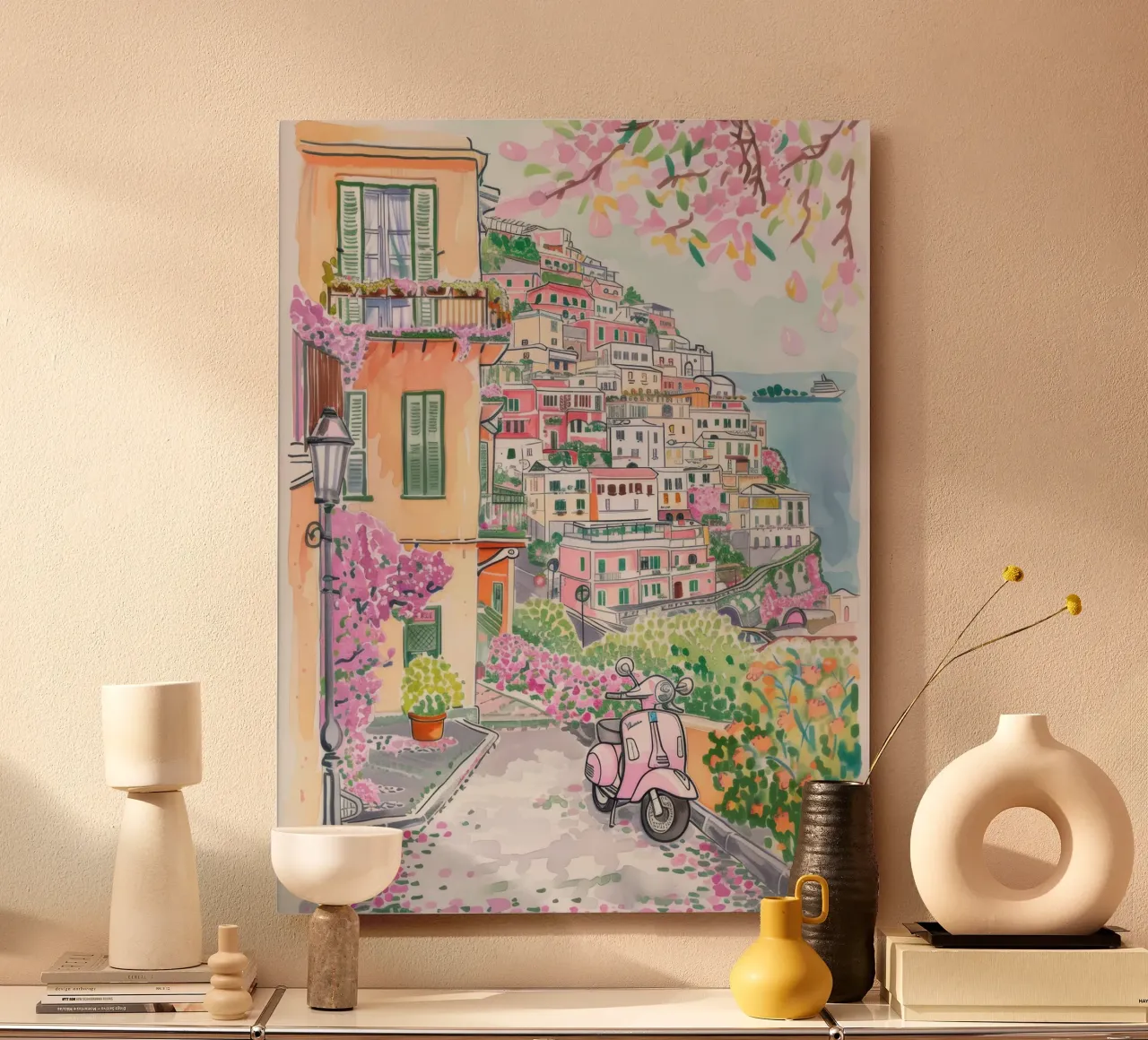 Positano Atrani Illustrazione con Vespa alluminio dibond da Bella Studio
