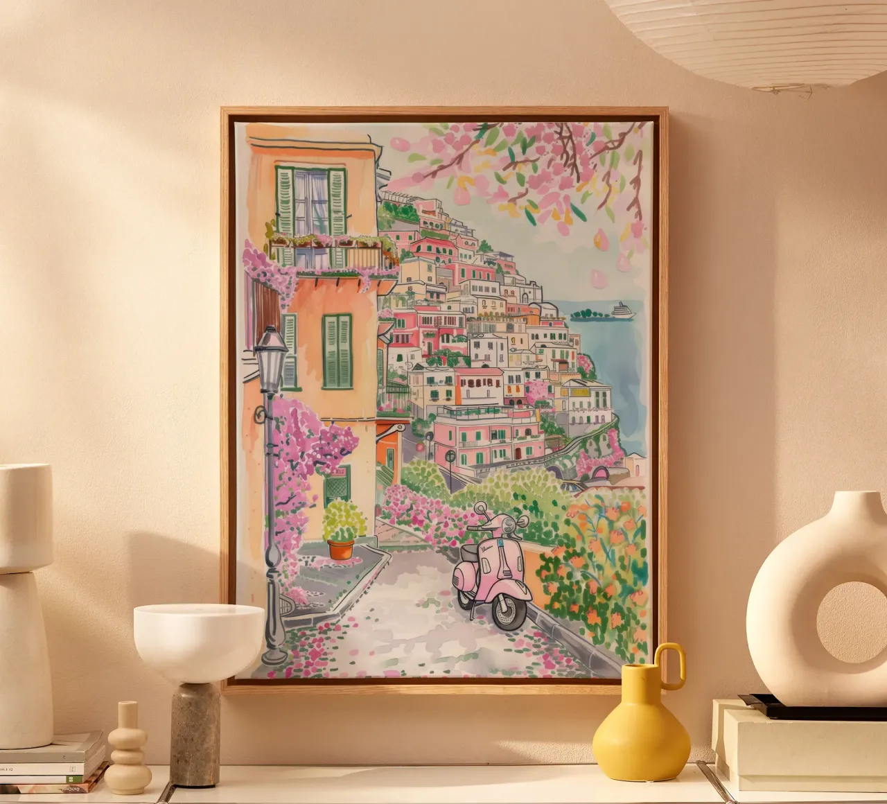 Positano Atrani Illustratie met Vespa canvas met Baklijst van Bella Studio