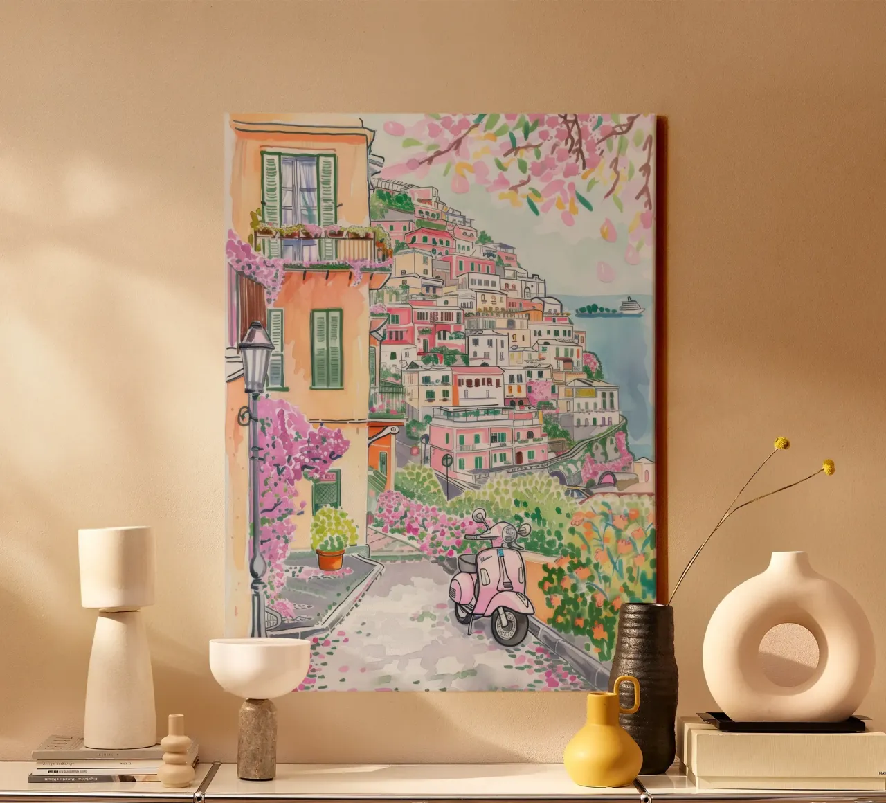 Positano Atrani Illustratie met Vespa canvas met Baklijst van Bella Studio