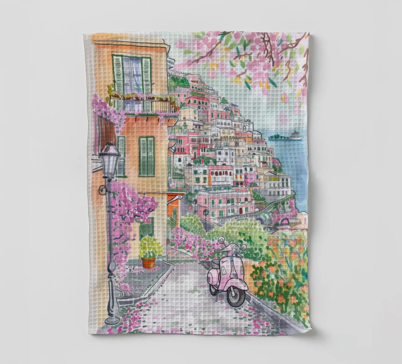 Positano Atrani Illustration mit Vespa Geschirrtuch von Bella Studio