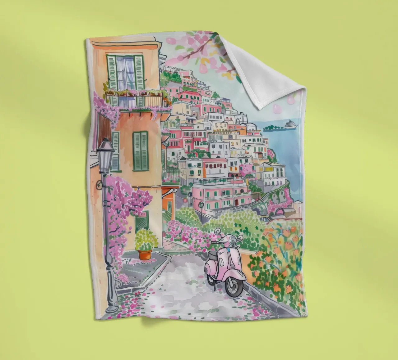 Positano Atrani Illustrazione con Vespa coperta in pile da Bella Studio