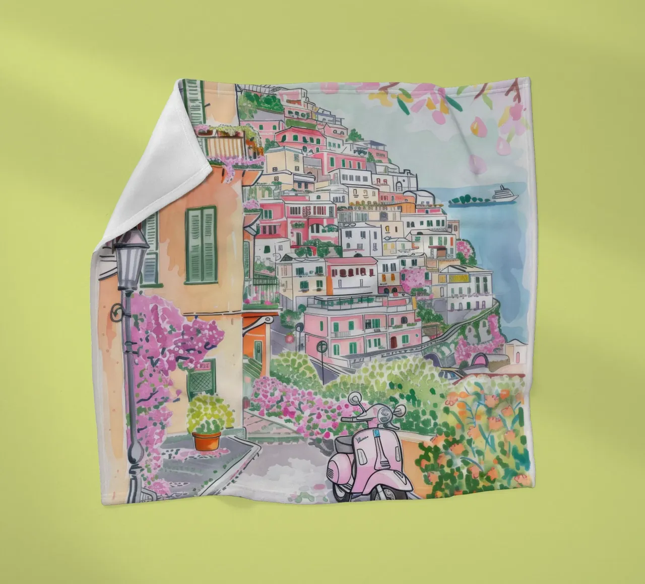Positano Atrani Illustrazione con Vespa coperta in pile da Bella Studio
