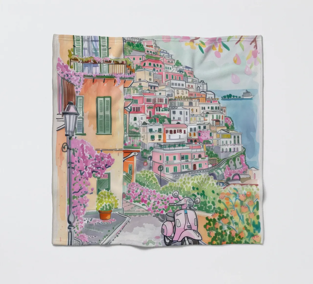 Positano Atrani Illustrazione con Vespa coperta in pile da Bella Studio