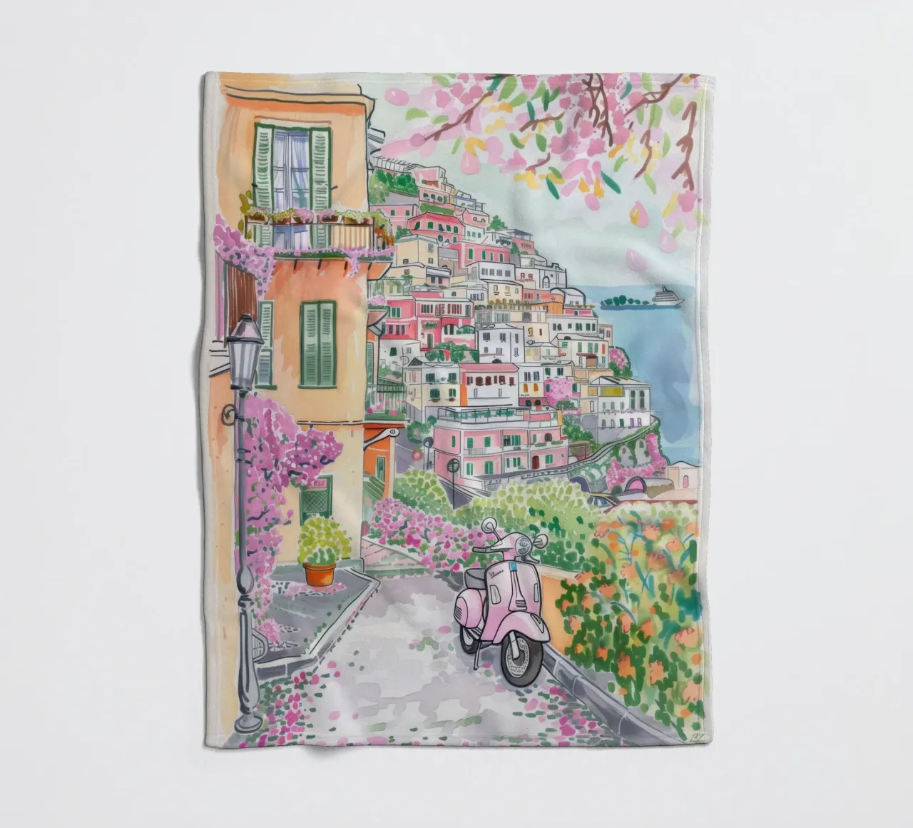 Positano Atrani Illustrazione con Vespa coperta in pile da Bella Studio
