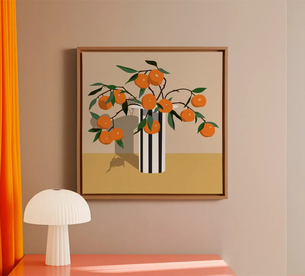 Striped Vase with Oranges – Minimalist Still Life Artwork canvas with Floater frame by kookiepixel