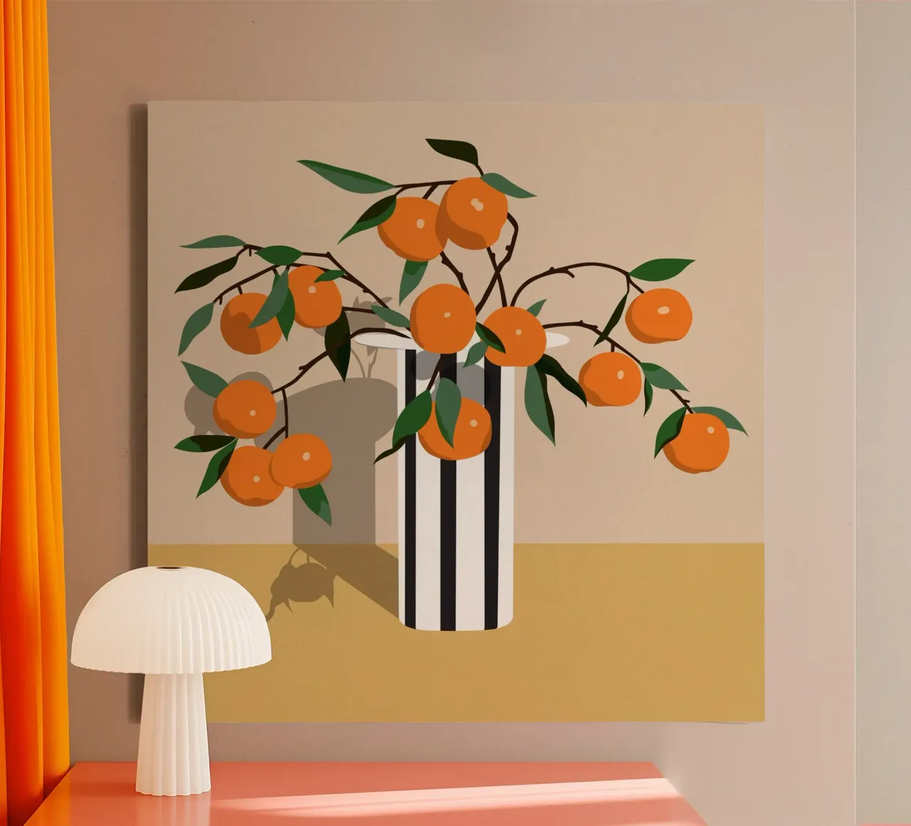 Striped Vase with Oranges – Minimalist Still Life Artwork canvas with Floater frame by kookiepixel