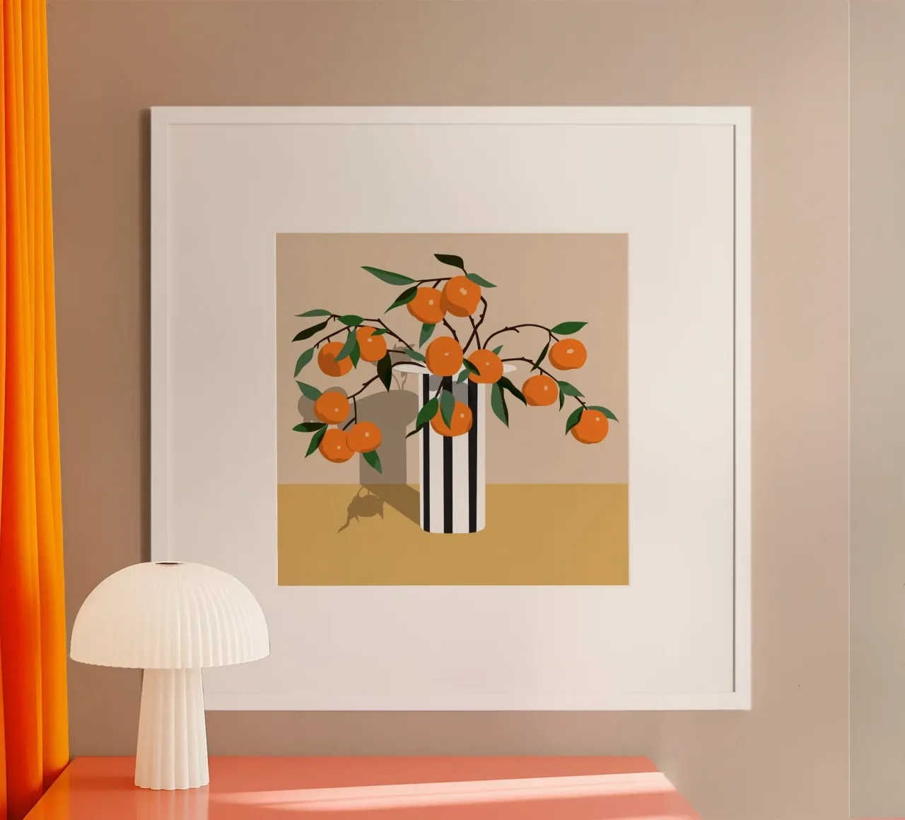 Vaso a righe con arance - Natura morta minimalista poster con telaio in plastica da kookiepixel