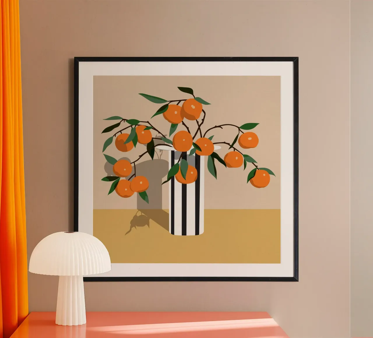 Vaso a righe con arance - Natura morta minimalista poster con telaio in plastica da kookiepixel