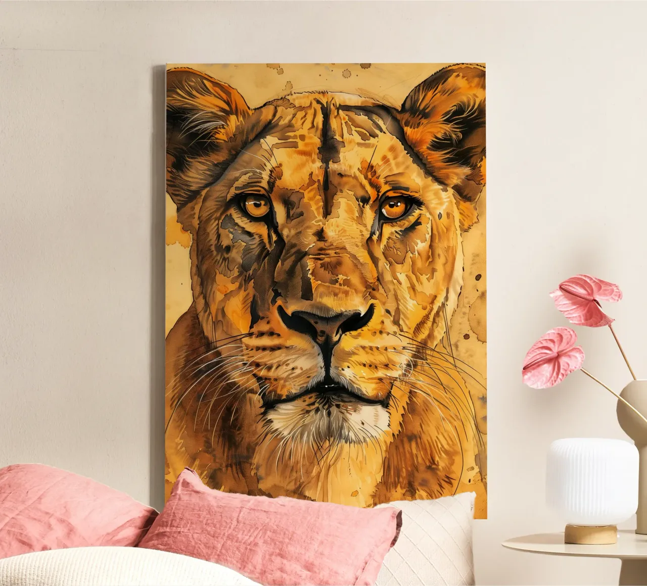 Löwe Wildkatze Tierkunst Leinwand mit Schattenfugenrahmen von Justyna Jaszke JBJart