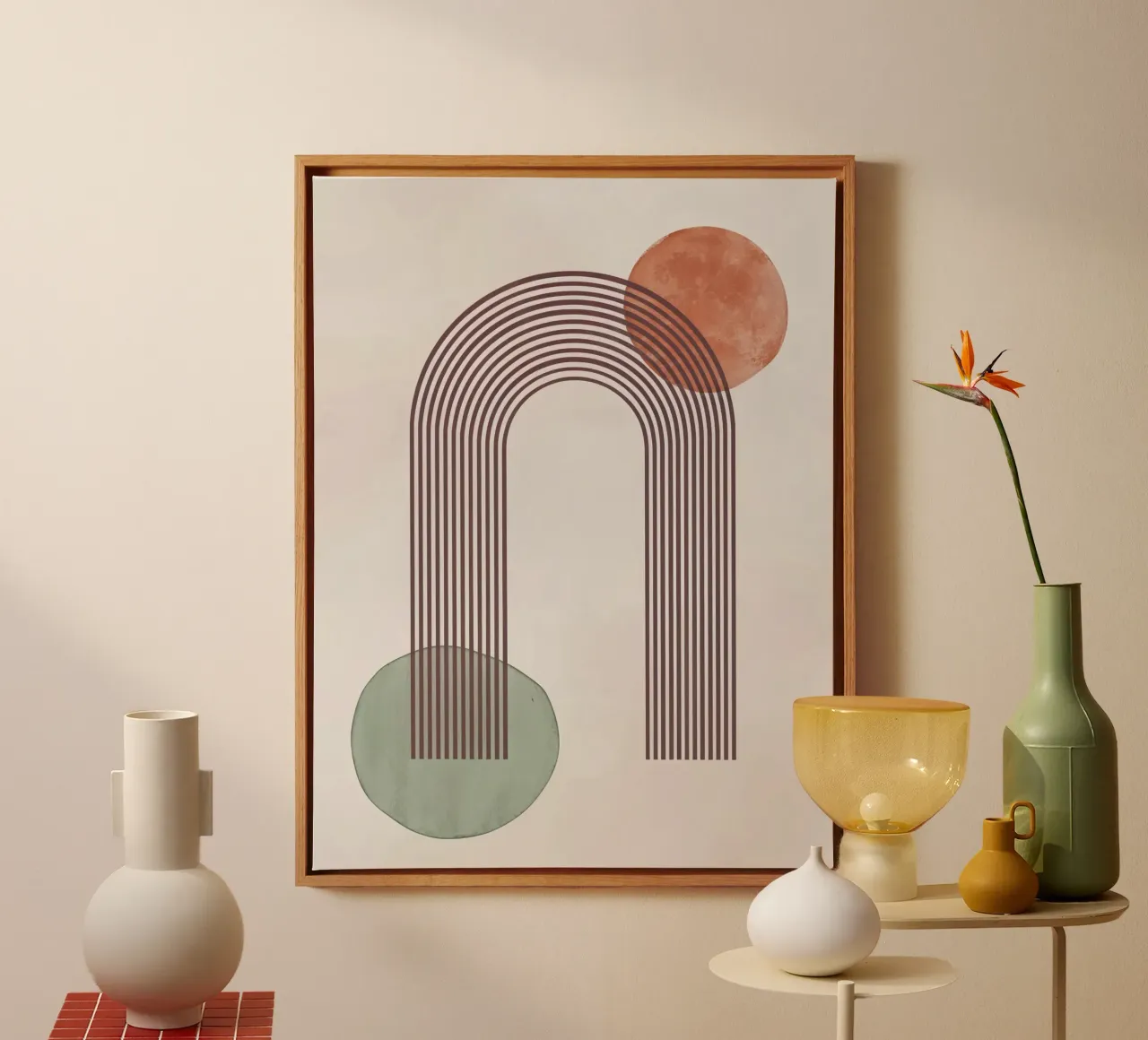 Aardetint mid century minimalistische abstracte moderne print canvas met Baklijst van WijdevenPrints