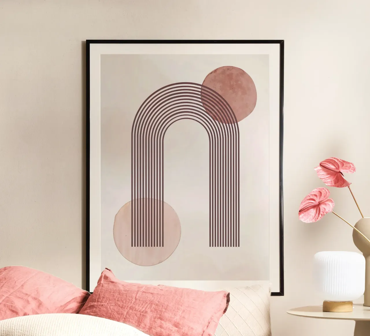 Neutral beige toned mid century minimalistic abstract modern poster with aluminum frame by WijdevenPrints