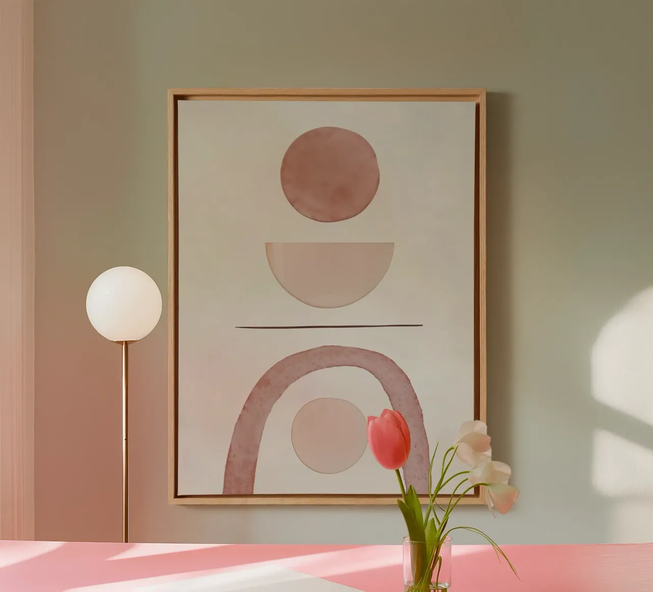 Neutral beige toned mid century minimalistic abstract moder canvas with Floater frame by WijdevenPrints