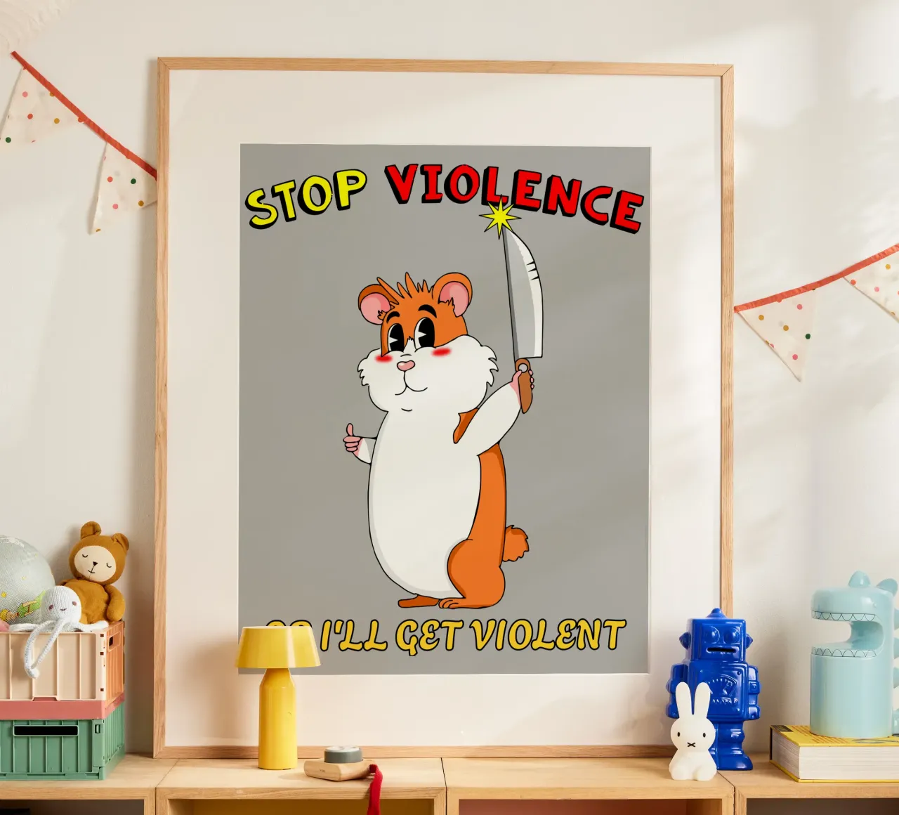 Stop alla violenza Criceto carino Cartone animato sarcastico poster con telaio in alluminio da sillyindustries