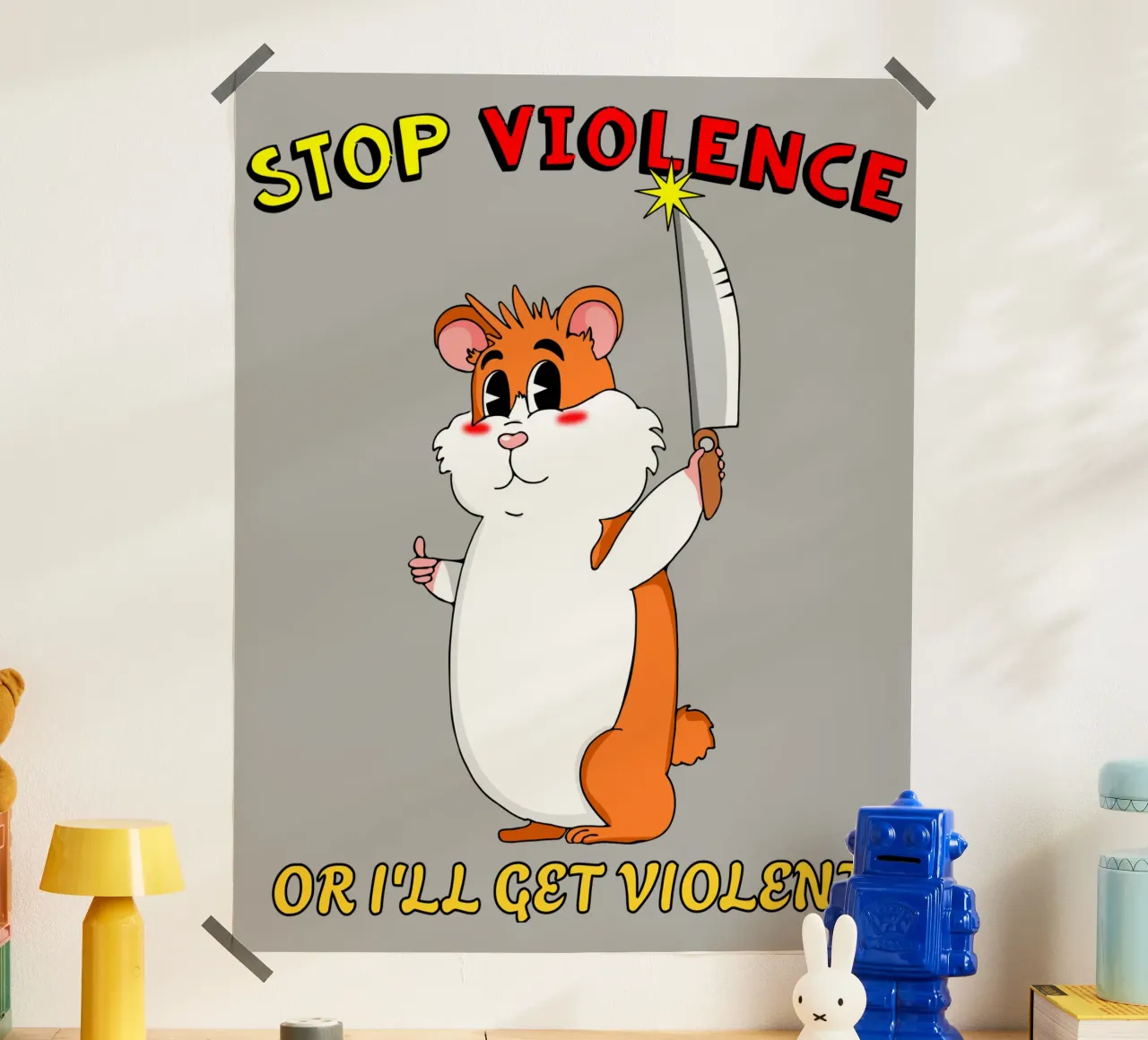 Stop alla violenza Criceto carino Cartone animato sarcastico poster con telaio in alluminio da sillyindustries
