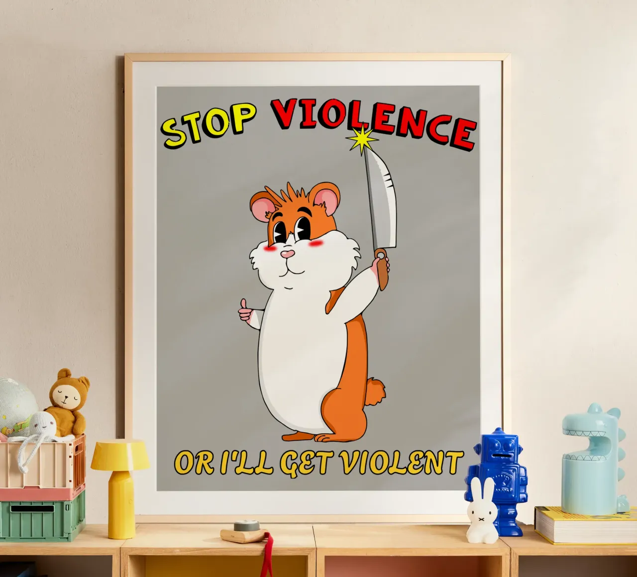 Stop alla violenza Criceto carino Cartone animato sarcastico poster con telaio in alluminio da sillyindustries