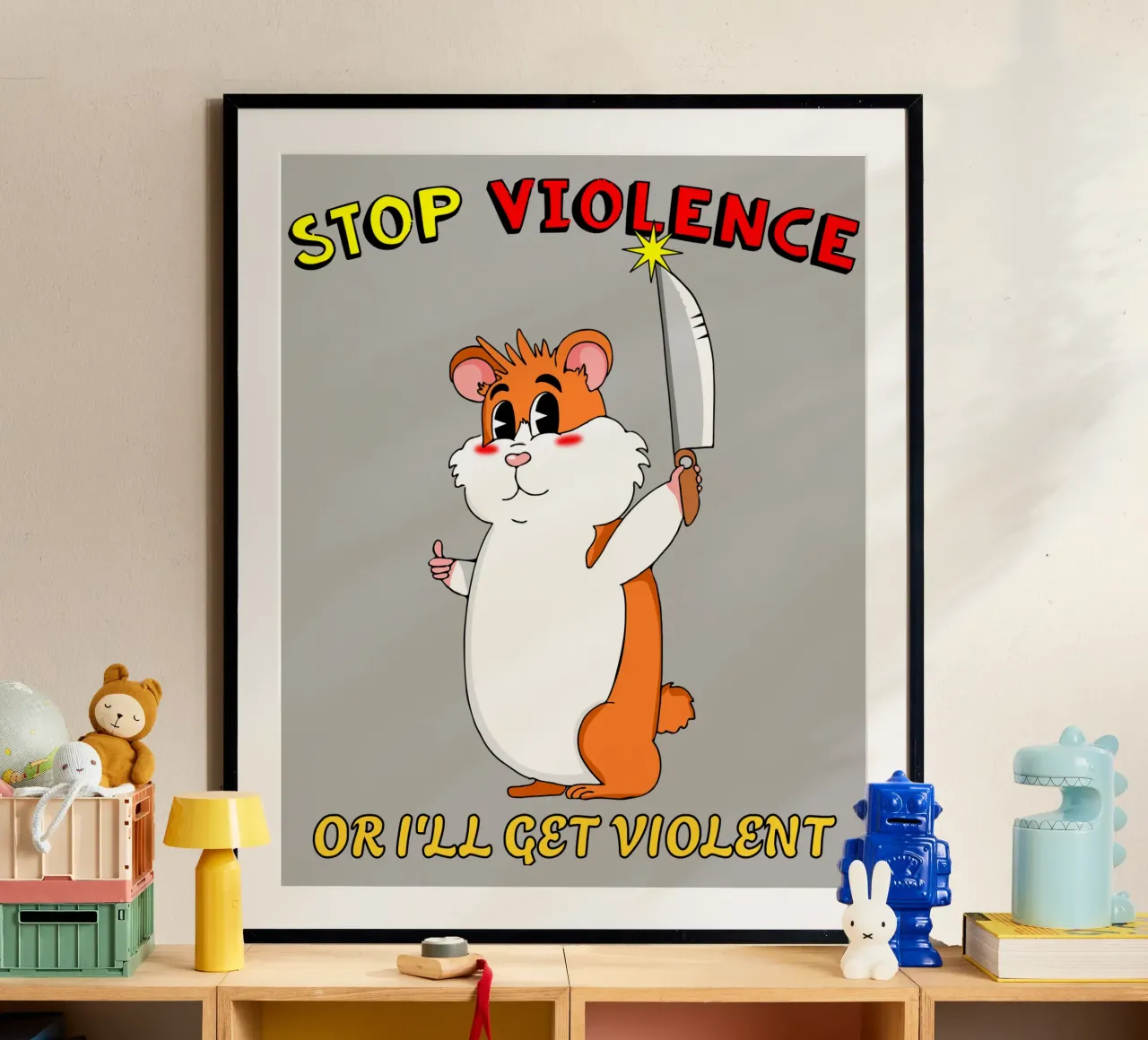 Stop alla violenza Criceto carino Cartone animato sarcastico poster con telaio in alluminio da sillyindustries