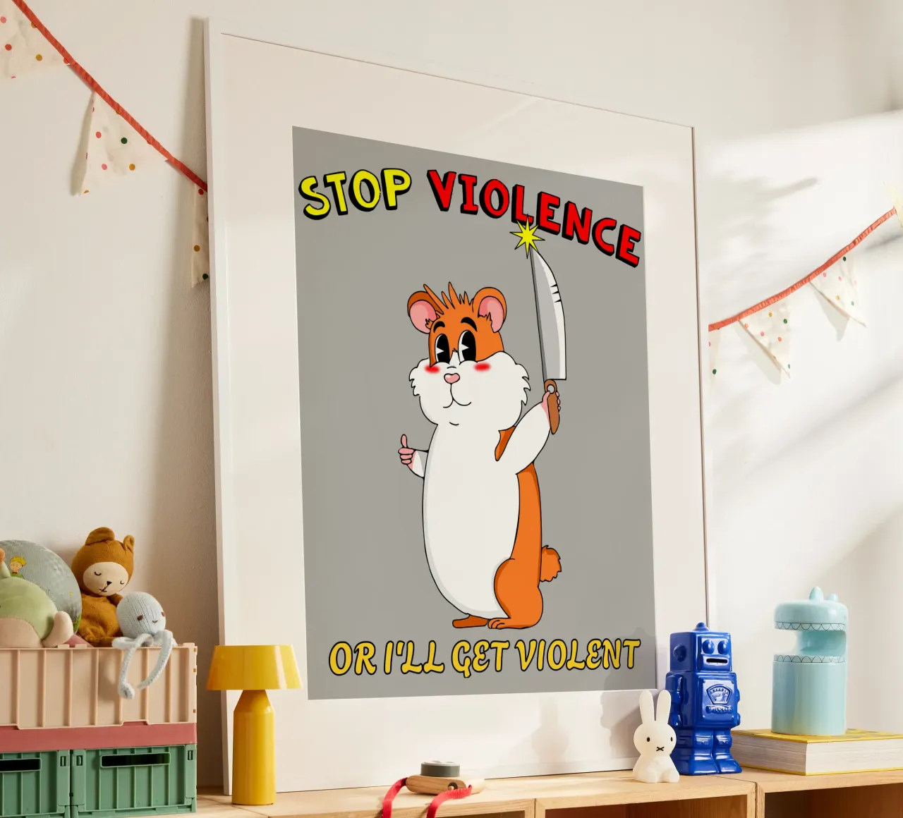 Stop alla violenza Criceto carino Cartone animato sarcastico poster con telaio in alluminio da sillyindustries