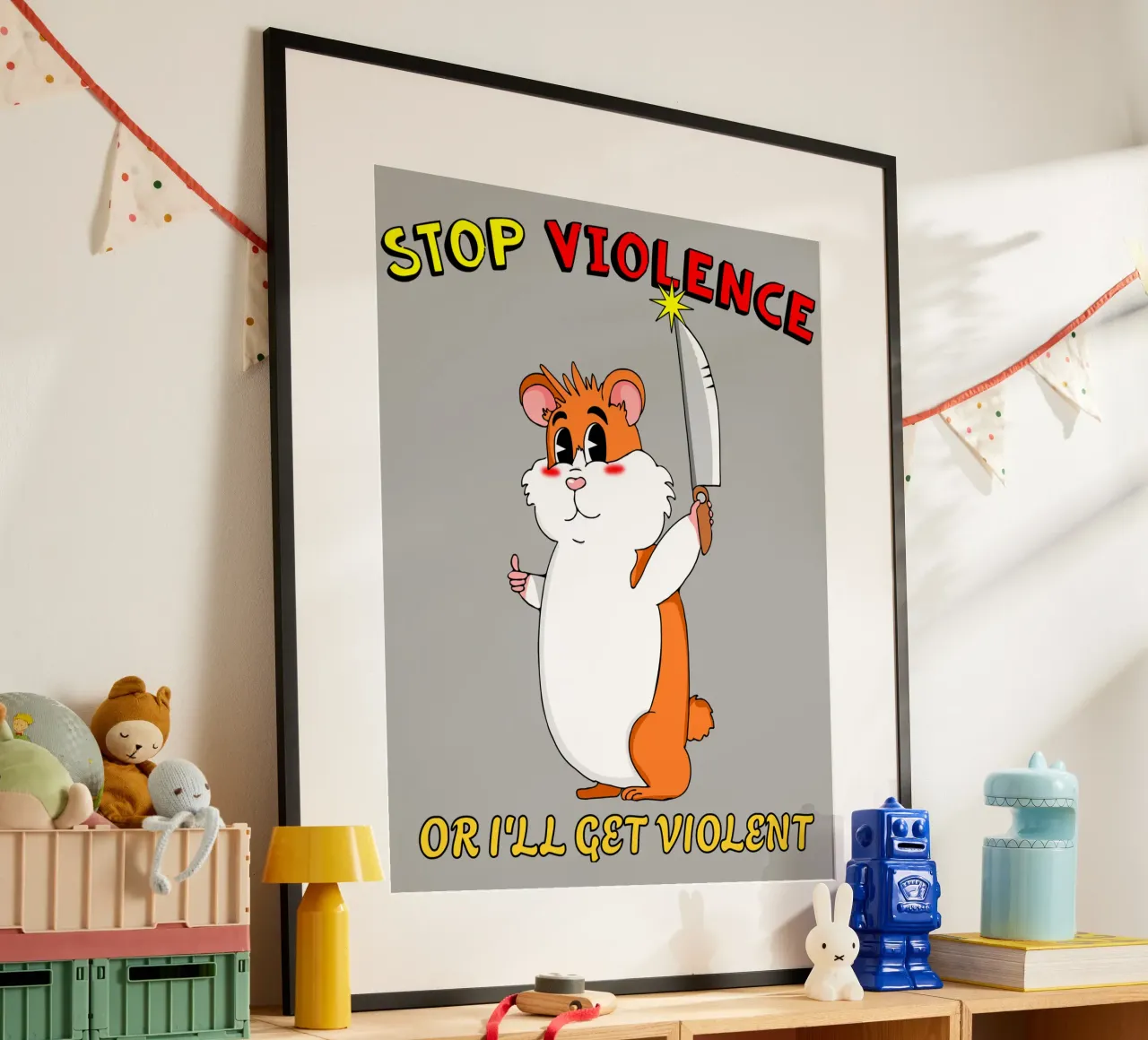 Stop alla violenza Criceto carino Cartone animato sarcastico poster con telaio in alluminio da sillyindustries