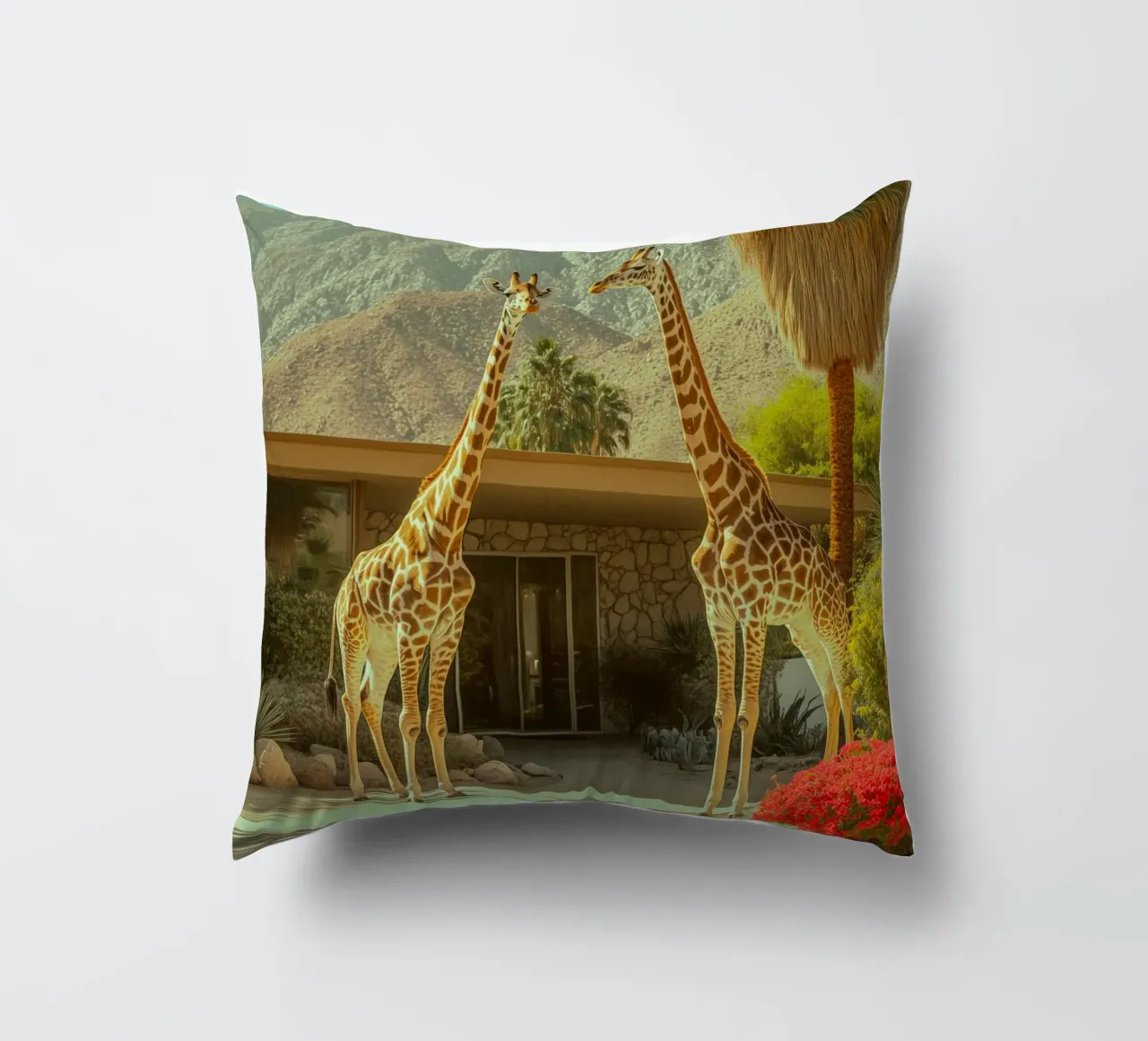 Parata di giraffe a Palm Springs cuscino da Carinaprint