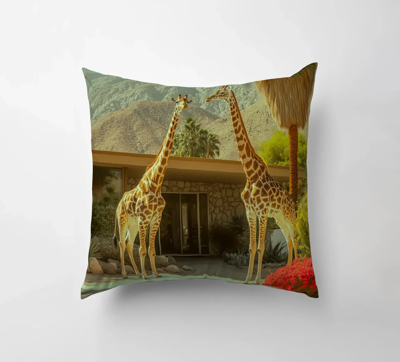 Parata di giraffe a Palm Springs cuscino da Carinaprint