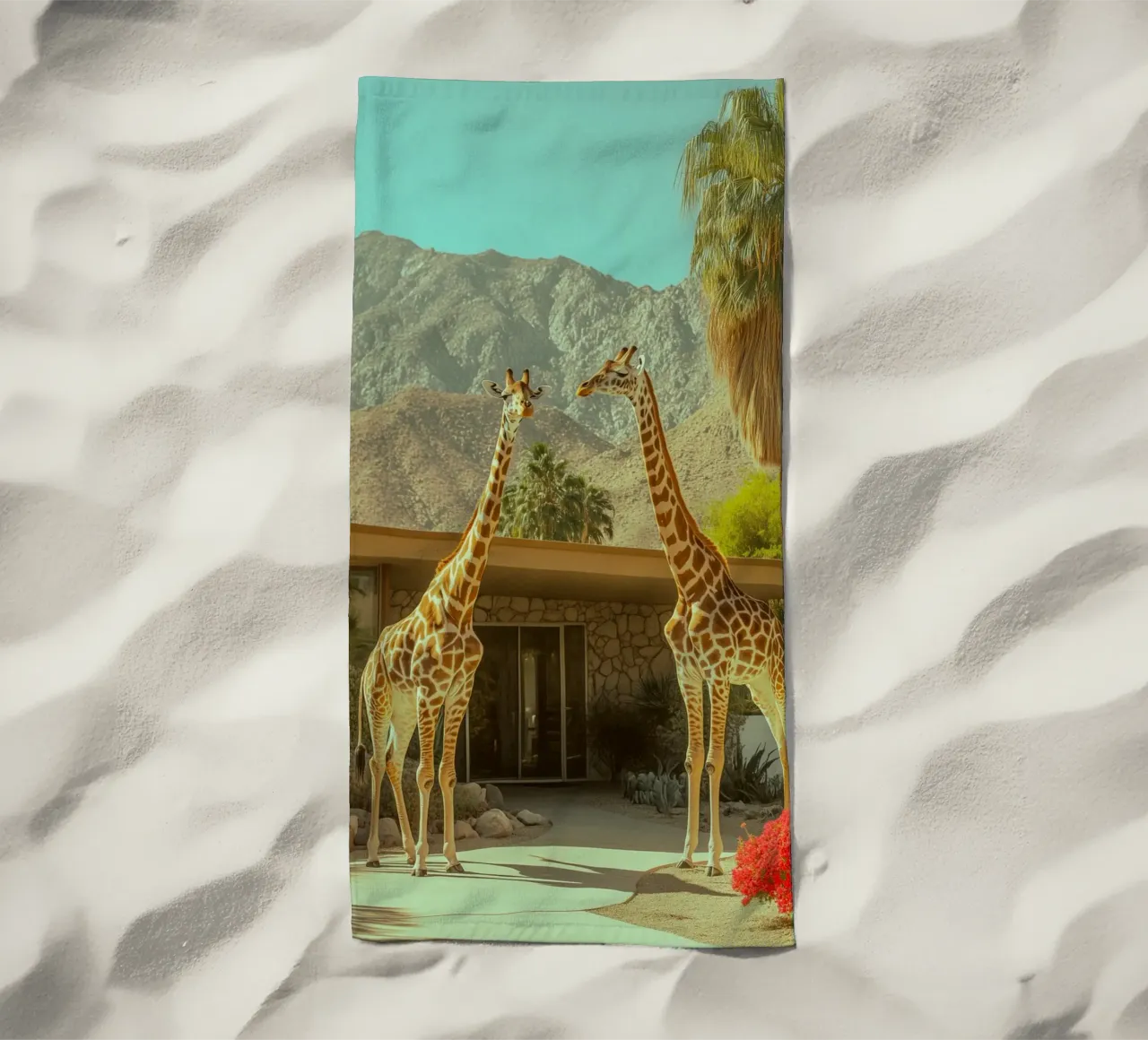 Parata di giraffe a Palm Springs telo mare da Carinaprint