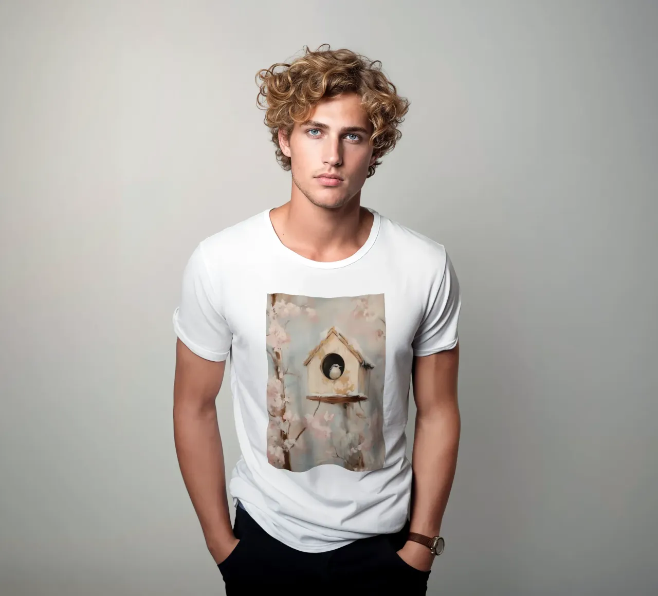 Casetta per uccelli con rami in fiore t-shirt da Melloi Art Print