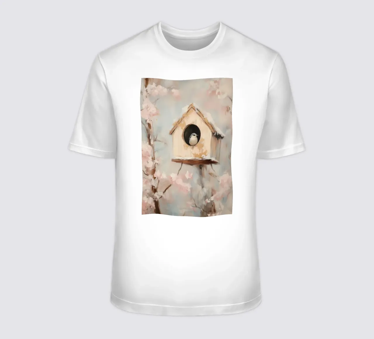 Casetta per uccelli con rami in fiore t-shirt da Melloi Art Print