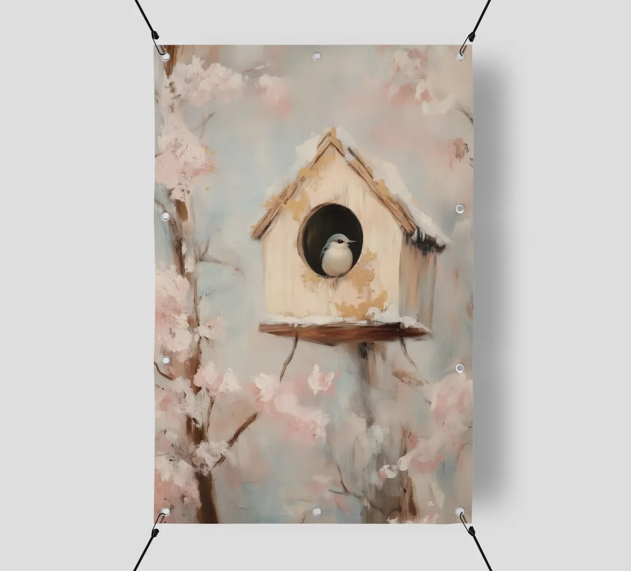 Casetta per uccelli con rami in fiore telo in pvc da Melloi Art Print