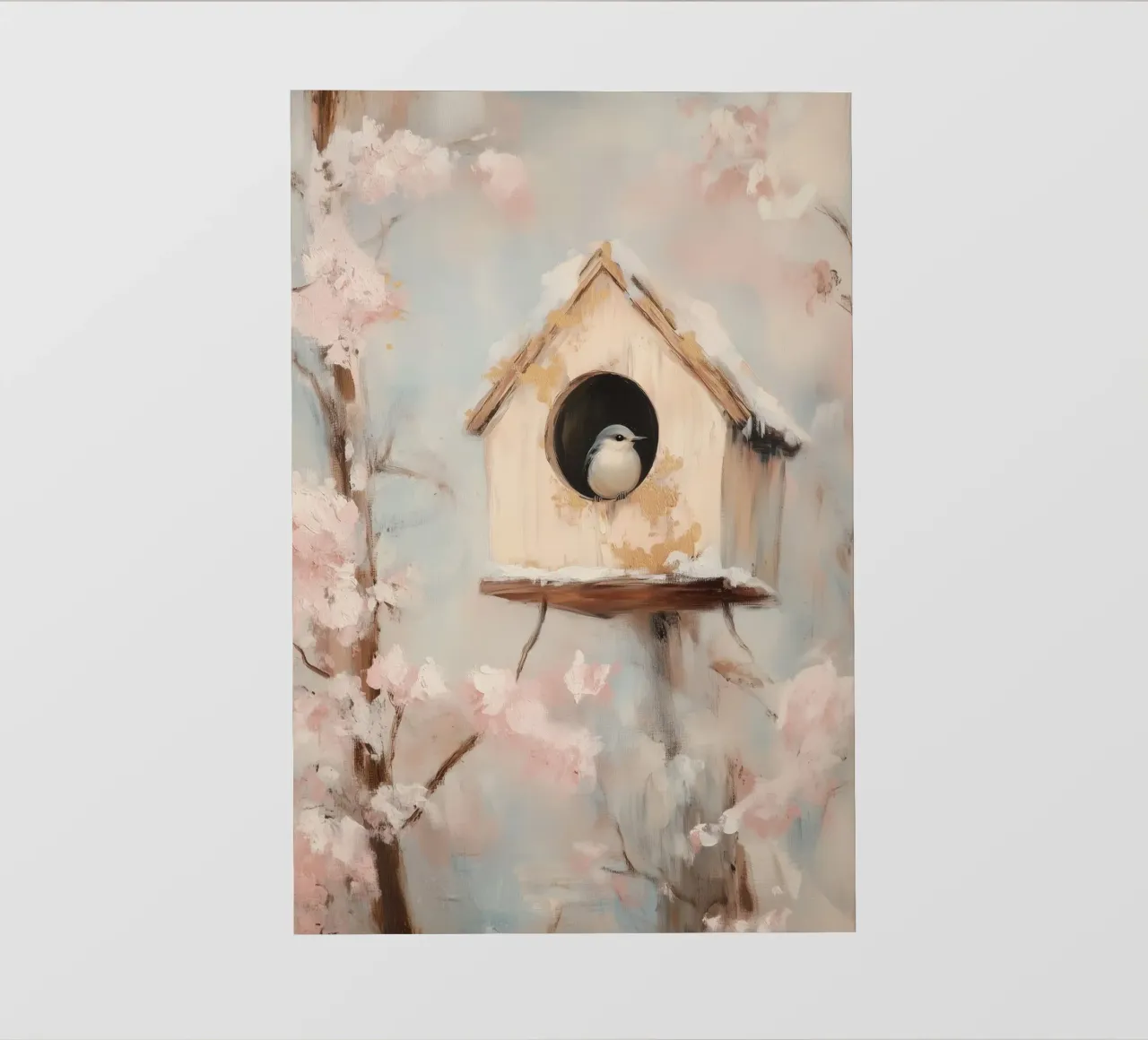 Casetta per uccelli con rami in fiore telo in pvc da Melloi Art Print