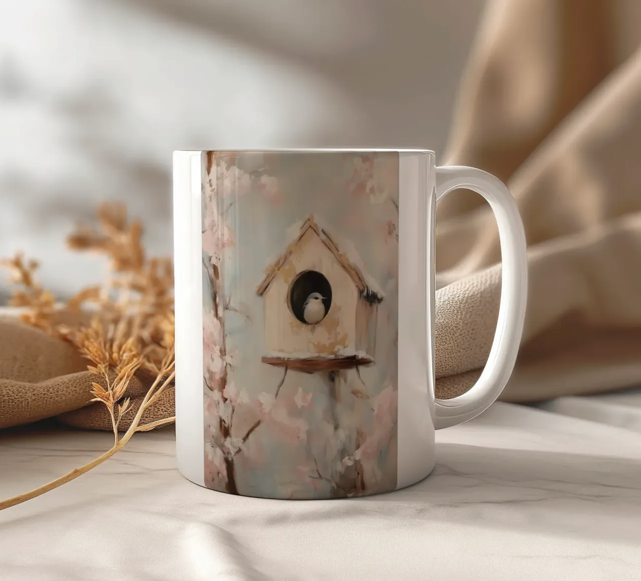 Casetta per uccelli con rami in fiore tazza in ceramica da Melloi Art Print