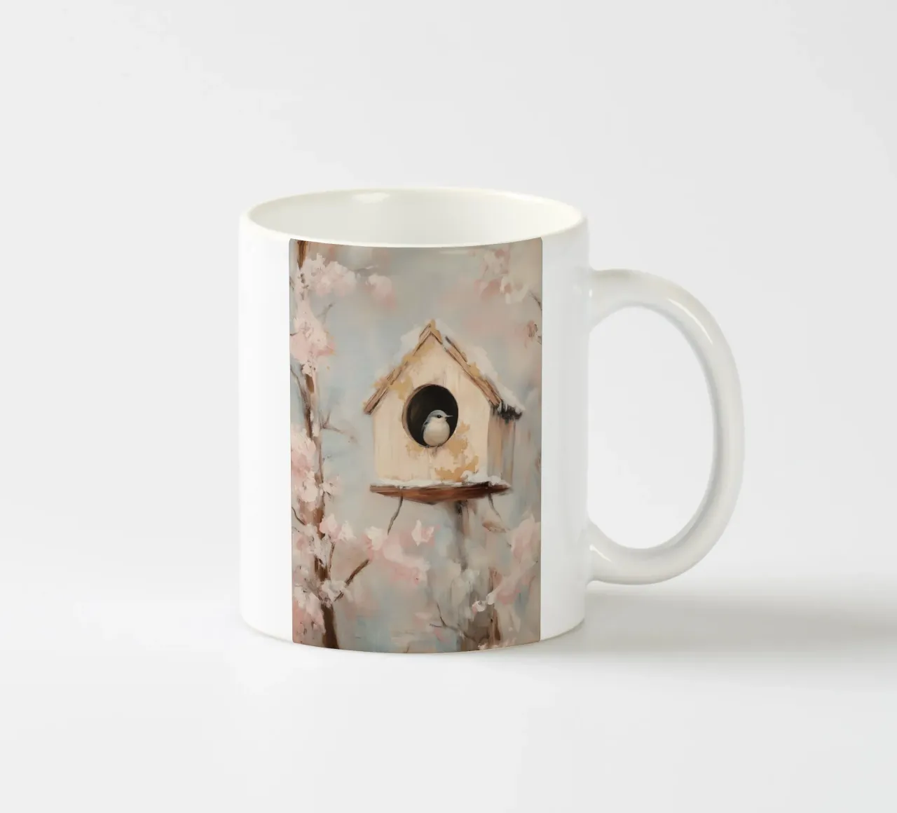 Casetta per uccelli con rami in fiore tazza in ceramica da Melloi Art Print