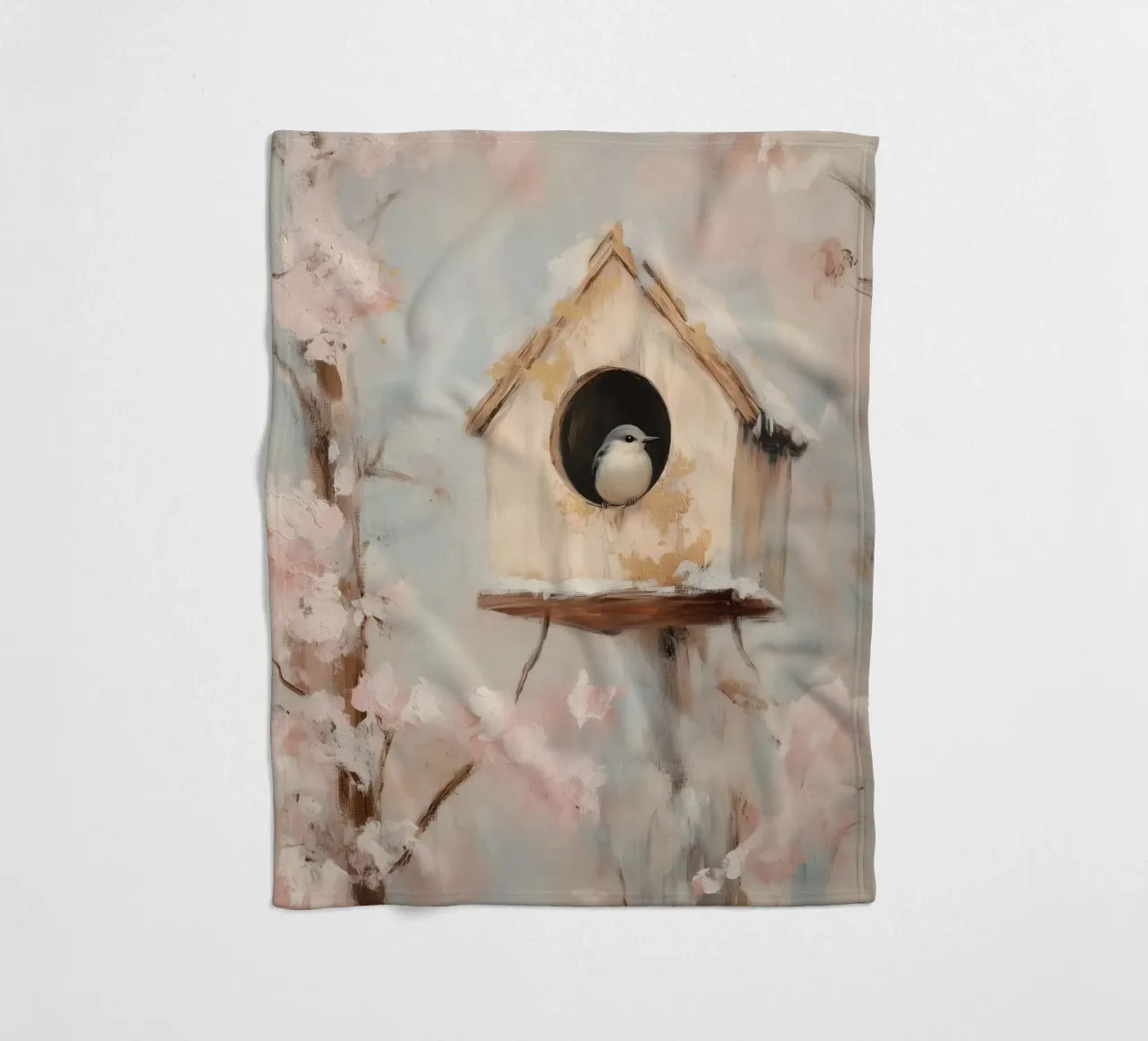 Casetta per uccelli con rami in fiore coperta in pile da Melloi Art Print