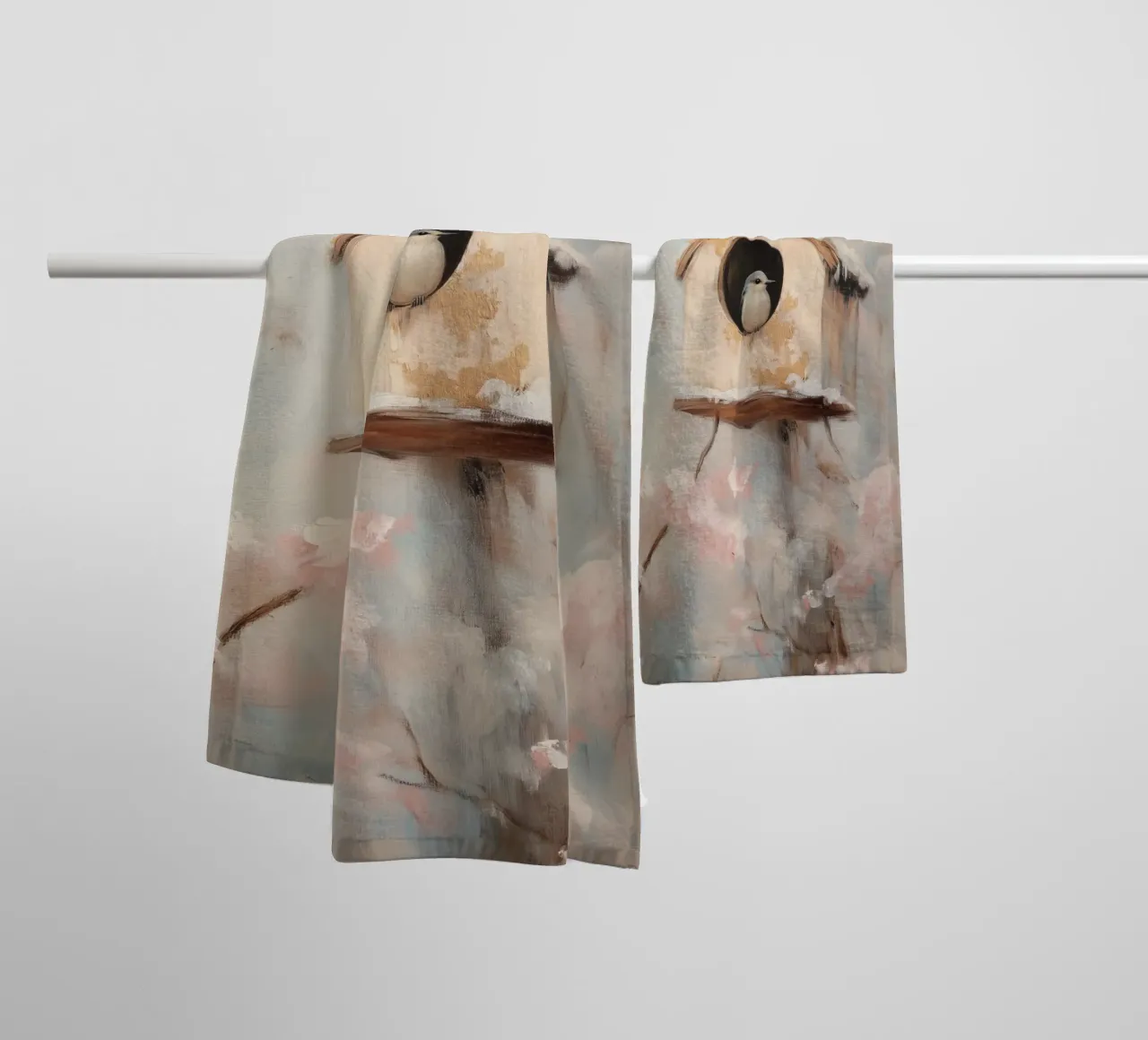 Casetta per uccelli con rami in fiore asciugamano da bagno da Melloi Art Print