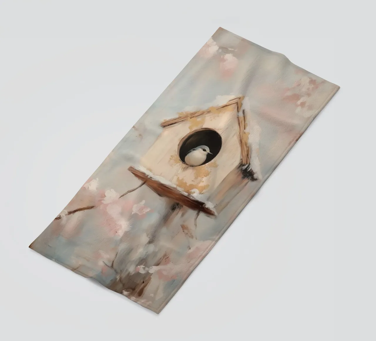 Casetta per uccelli con rami in fiore telo mare da Melloi Art Print