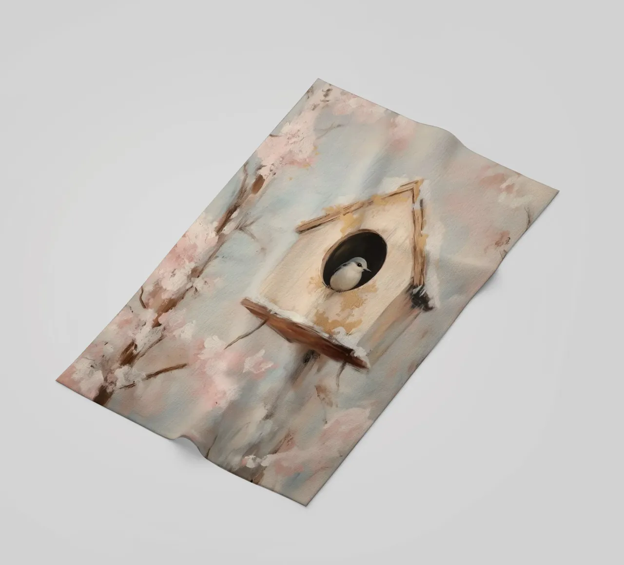 Casetta per uccelli con rami in fiore telo mare da Melloi Art Print