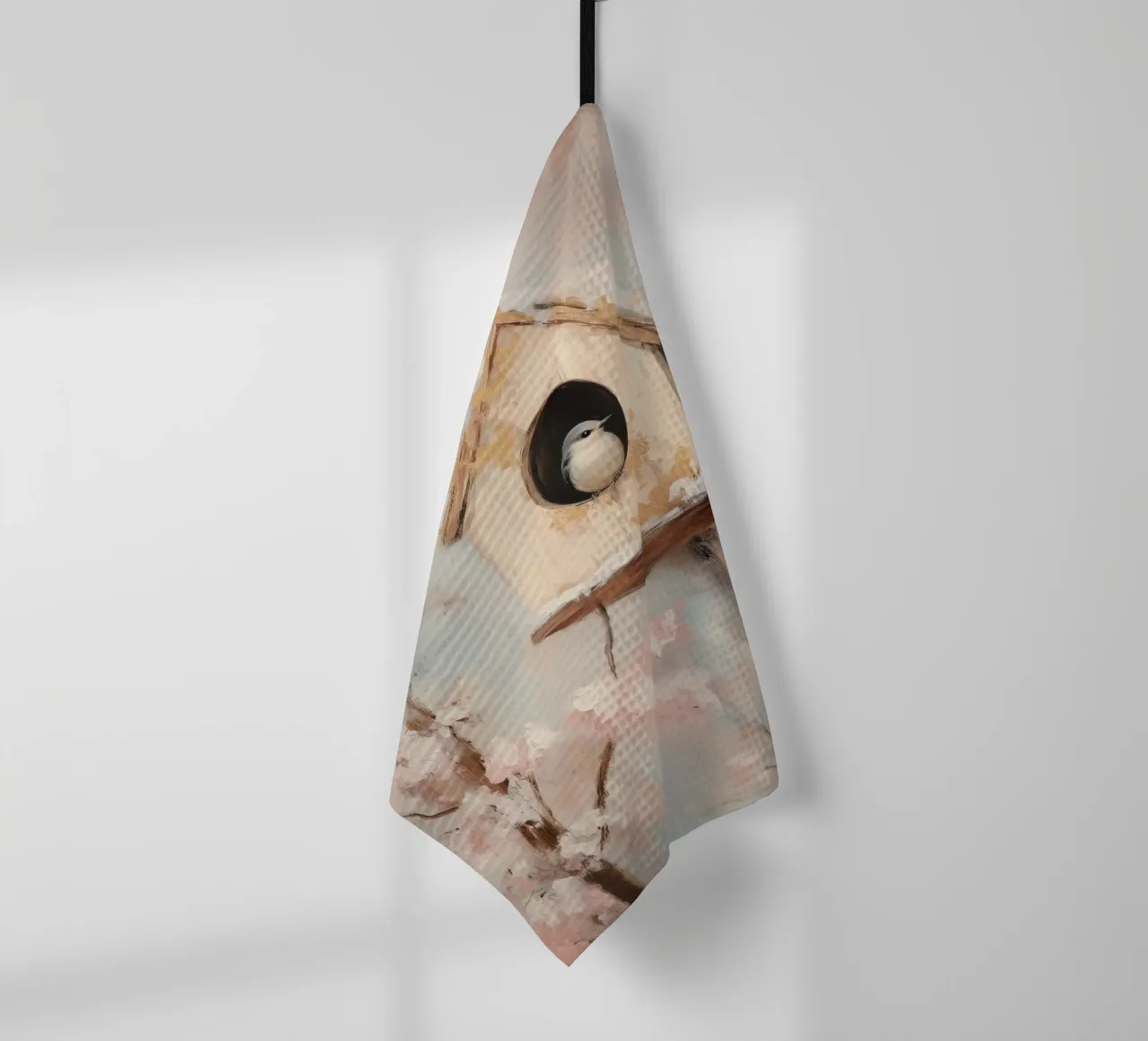 Casetta per uccelli con rami in fiore canovaccio da cucina da Melloi Art Print