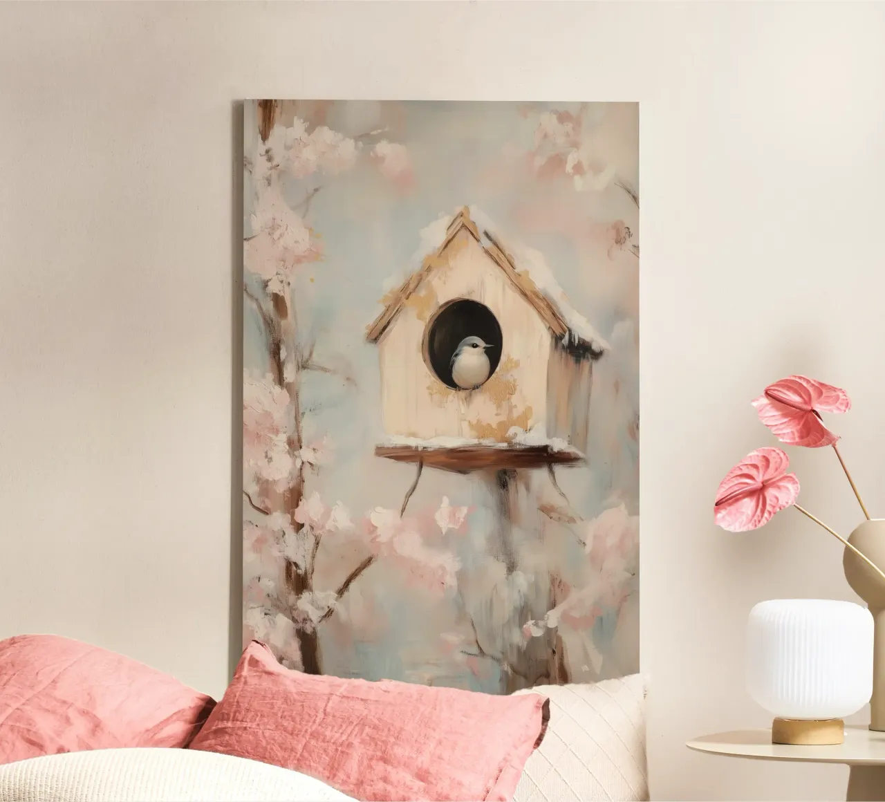Casetta per uccelli con rami in fiore tela con Cornice a cassetta da Melloi Art Print